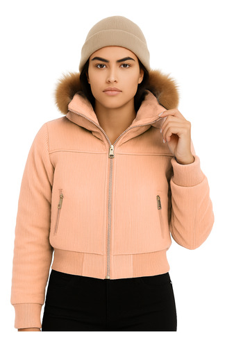 Campera Puffer Piel Mujer Corderoy Capucha Desmontable