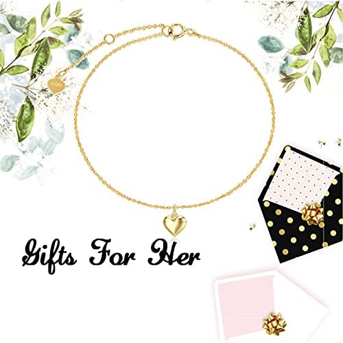Sisgem Real 14k Gold Puff Heart Tobillera Para Mujer, Love T