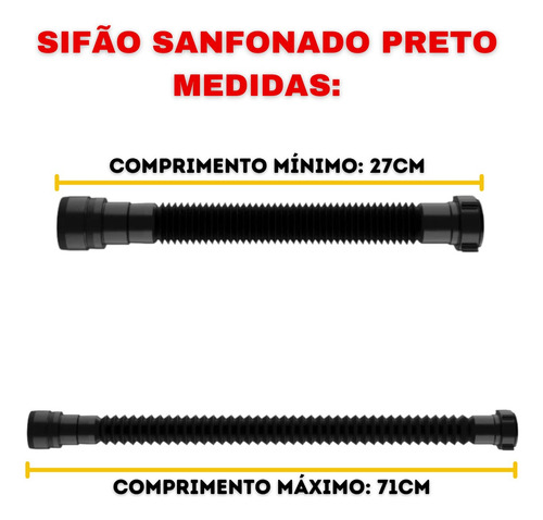 Sifão Sanfonado Universal Preto 5un Sifão Lavatório 71cm Prt
