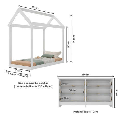 Cama Infantil Montessoriana para Colchão 150 x 70cm com Cômoda Bambolê Multimóveis MX4287 Branco