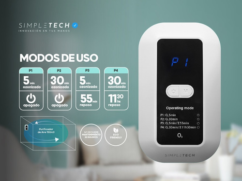 Imagen 2 de 6 de Ozonizador + Purificador Aire Portátil 120mg/h Usb Ambientes