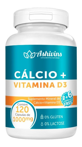 Cálcio + Vitamina D3 - Ashivins - 120 Caps - 1000 Mg