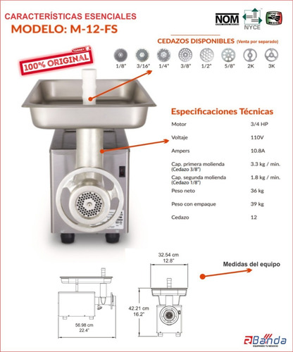 Imagen 2 de 4 de Molino Para Carne 3/4hp Torrey Modelo M-12 Fs Rbanda