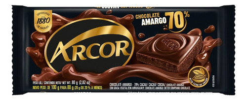 Chocolate Amargo 70% Cacau Arcor  pacote 80 g