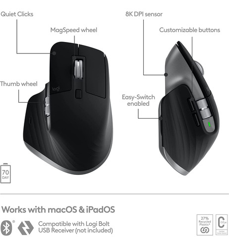 Logitech Mx Master 3s Mouse, Wireless, Bt, Ergo, 8k Dpi
