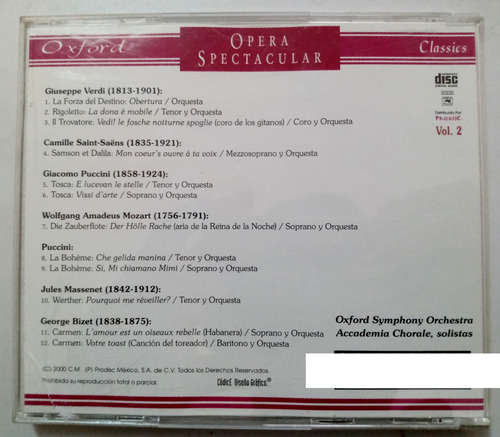 Opera Espectacular Mozart Verdi Bizet Puccini Cd Oxford (Usado)