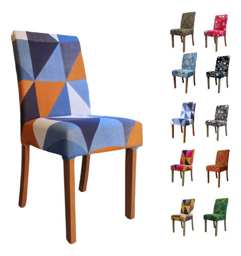 Kit 4 Capas Cadeira Jantar Estampada Com Elástico Malha Gel Cor Azul Geometrico Desenho Do Tecido Estampado