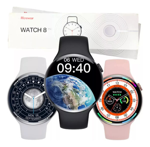 Relógio Smartwatch Masculino E Feminino W8 Pro Redondo Caixa Rosa Pulseira Rosa