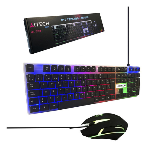 Kit Teclado Y Mouse Gamer Aitech Con Cable Ai-302 C/luz Led Mouse Negro Teclado Negro