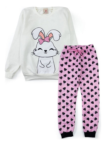 Conjunto Infantil Feminino Moletom Coelha Com Laço Creme 487