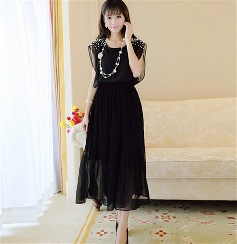 Vestido Talla M Negro Floral De Gasa Plisada Nuevo Importado