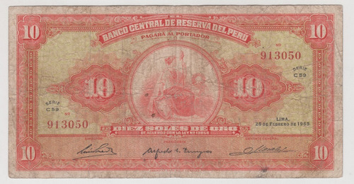 Billete Peru 10 Soles 1965 Usado (c85)