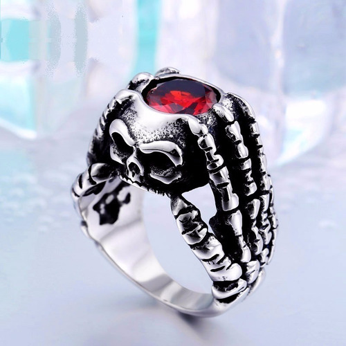 Anillo Cráneo Con Garras Y Piedra Roja Acero Inoxidable 316