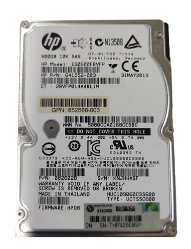 Disco Duro Interno Hp Eg0600fbdbu 600gb Hdd Sas Servidor (Reacondicionado)