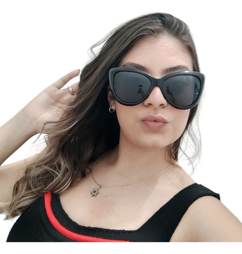 Óculos De Sol Feminino Modelo Gatinho Com Proteção + Estojo Cor Preto Haste A Mesma Do Óculos