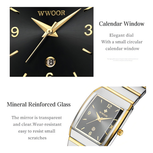 Relógio de pulso analógico Wwoor 8888 para homens, fundo branco, com pulseira colorida de aço inoxidável, moldura dourada prateada e fivela simples