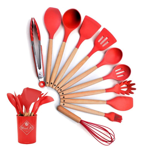 Conjunto De Cozinha De Silicone Concha Pegador Espatula Cor Vermelho (cabo Madeira)