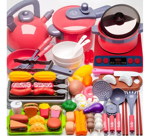 61pzs Juguetes De Cocina Para Ninos Utensilios Cocina Comida Color Rojo