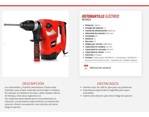 Imagen 5 de 10 de Rotomartillo electroneumático Omaha RM-36PLUS rojo frecuencia de 50Hz con 1800W de potencia 220V-230V