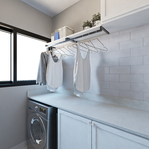 Cabideiro Industrial Lavanderia Aéreo Roupas Prateleira Mdf Cor Preto/branco