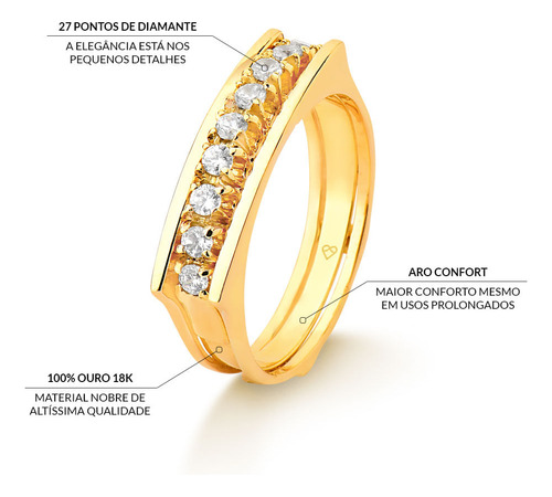 Conjunto De Anel Com Aparador Em Ouro 18k Com 27 Pontos De D