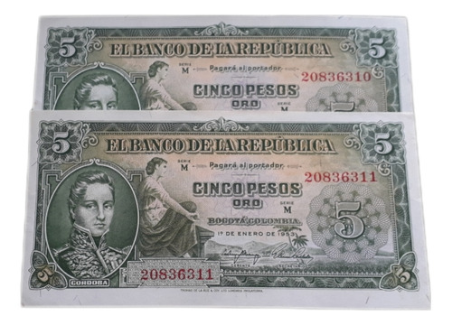 Colombia Duo Consecutivos 5 Pesos Oro 1953 Unc