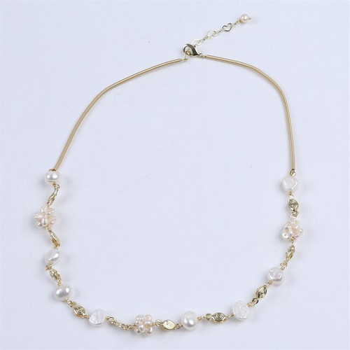 Perla Barroca Blanca Natural De 6-7mm Y Collar De   Dorado
