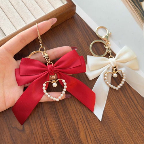 Llavero Con Lazo Rojo, Colgante De Perlas En Forma De Corazó
