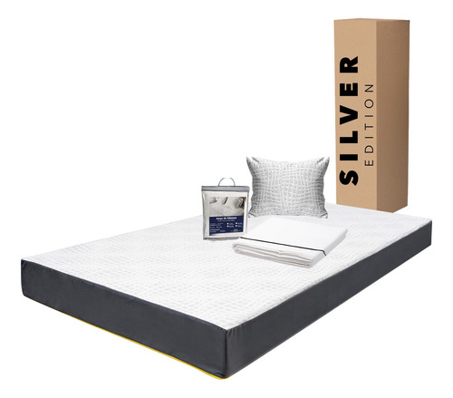 Colchón Individual En Caja 15 Cm + Juego Sábanas Y Almohada Blanco Con Gris