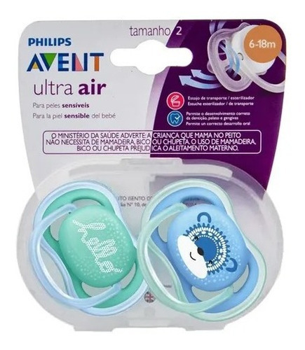 2 Chupetas Philips Avent Ultra Air 6-18 Meses Menino Cor Verde Hello / Urso