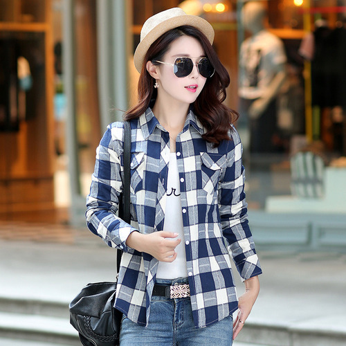 Ha Camisa De Mujer A Cuadros Tallas Grandes Algodón Slim Fit