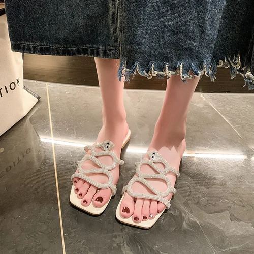 Sandalias Con Estampado De Serpiente Y Tacón Plano, Zapatill