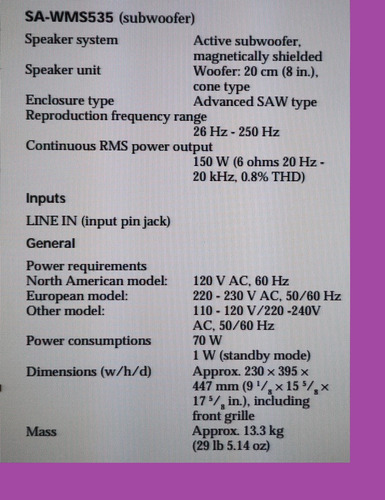 Subwoofer Sony Ativo Mod. Sa-wms535 Com 150 Watts Rms Usado Cinza (Usado)