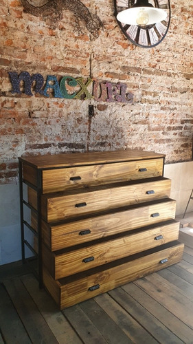 Imagen 4 de 9 de Mueble Cómoda Industrial 5 Cajones Madera Alistonado Hierro