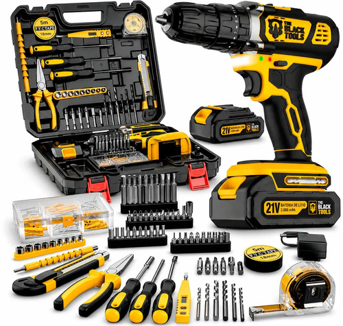 Parafusadeira Furadeira De Impacto The Black Tools Profissional a Bateria Com Maleta + Kit Acessórios 136 Peças Tbkit22