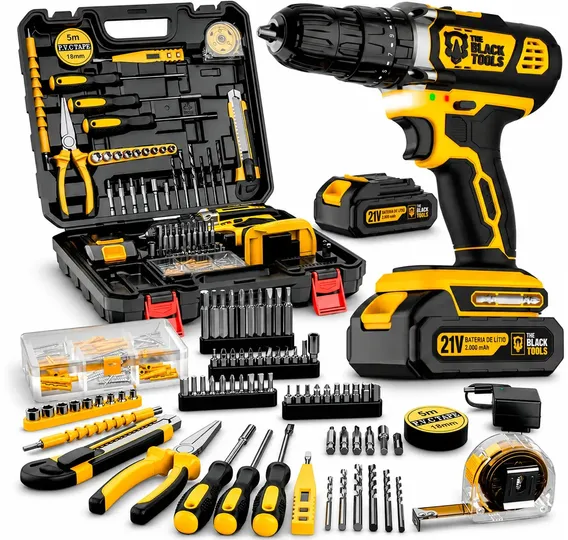Parafusadeira Furadeira De Impacto The Black Tools Profissional a Bateria Com Maleta + Kit Acessórios 136 Peças Tbkit22