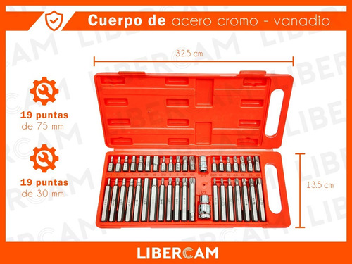 Imagen 4 de 10 de Set Kit Puntas Torx Hexagonal Estriada 41 Piezas Acero Cromo