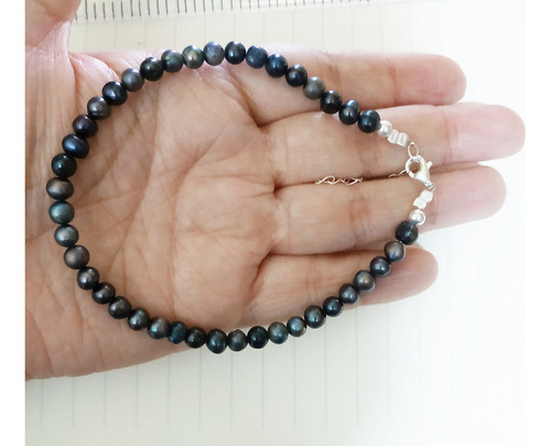 Tobillera Perla Negra Plata 925 Joyeria Fina Pulsera Tobillo Diámetro 9 Cm Largo 27 Cm