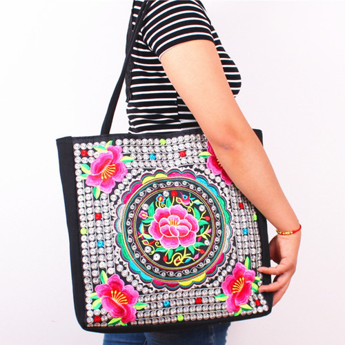 Bolsa Bordada Grande Mujer Flores, De Hombro Dos 2*pzas