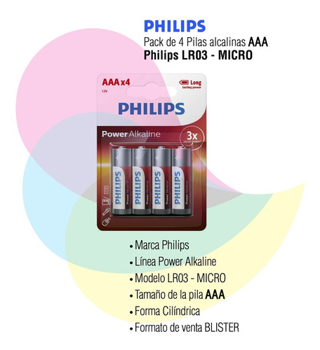 Imagen 2 de 6 de Pila Philips Aaa Alcalina Pack Por 4 Unidades