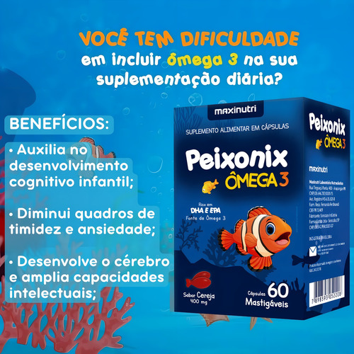 Peixonix Ômega3 Infantil Sabor Mastigável 400mg 60 Cápsulas Cereja