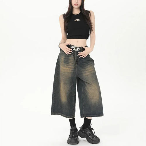Vaqueros Anchos, Pantalones Cortos, Cintura Media, Mezclilla