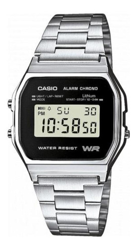 Reloj pulsera digital Casio A158 con correa de acero inoxidable color plateado - fondo gris/negro