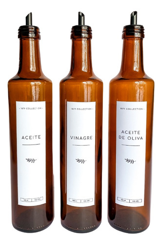 Set 3 Dispenser Aceitero Vidrio Ámbar Aceite+vinagre+oliva