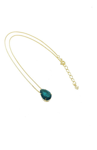 Colar E Pingente Gota Pedra Fusion Verde Folheado A Ouro 18k