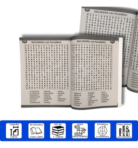 Set De 3 Libros Sopas De Letras Letra Grande 80 Págs Carta