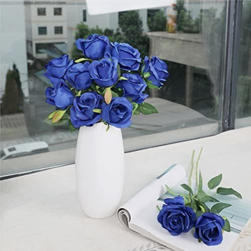 12 Rosas De Seda Artificiales Con Tallo Largo - Azul