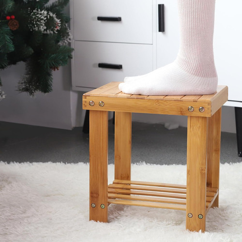 Taburete De Ducha De Bambú Con Estante