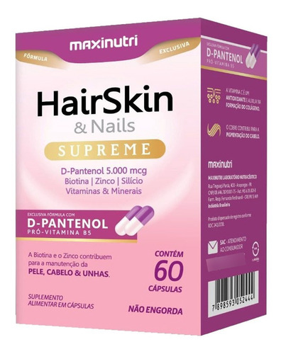 Imagem 1 de 7 de Hair Skin & Nails Supreme D-pantenol 5000mcg 60 Cápsulas