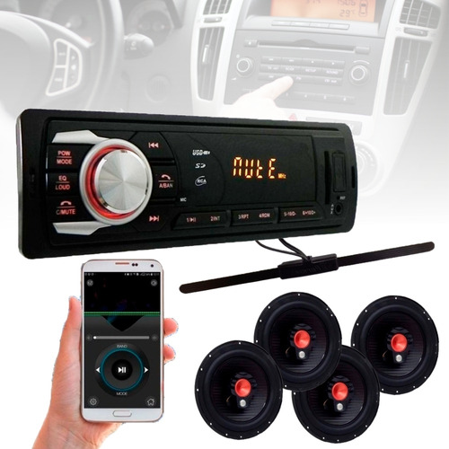 Kit 4 Falante 6 Pol + Radio Carro Mp3 Usb Bluetooth + Antena
